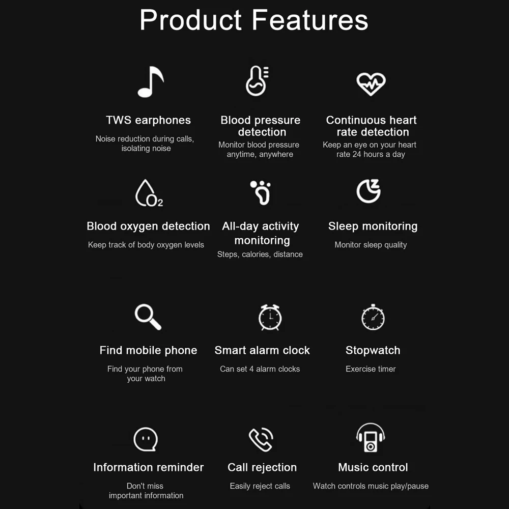 หูฟังไร้สายบลูทูธ2 in 1หูฟังอัจฉริยะ, สมาร์ทวอท์ชอัตราการเต้นของหัวใจหูฟังตัดเสียงรบกวนกีฬา