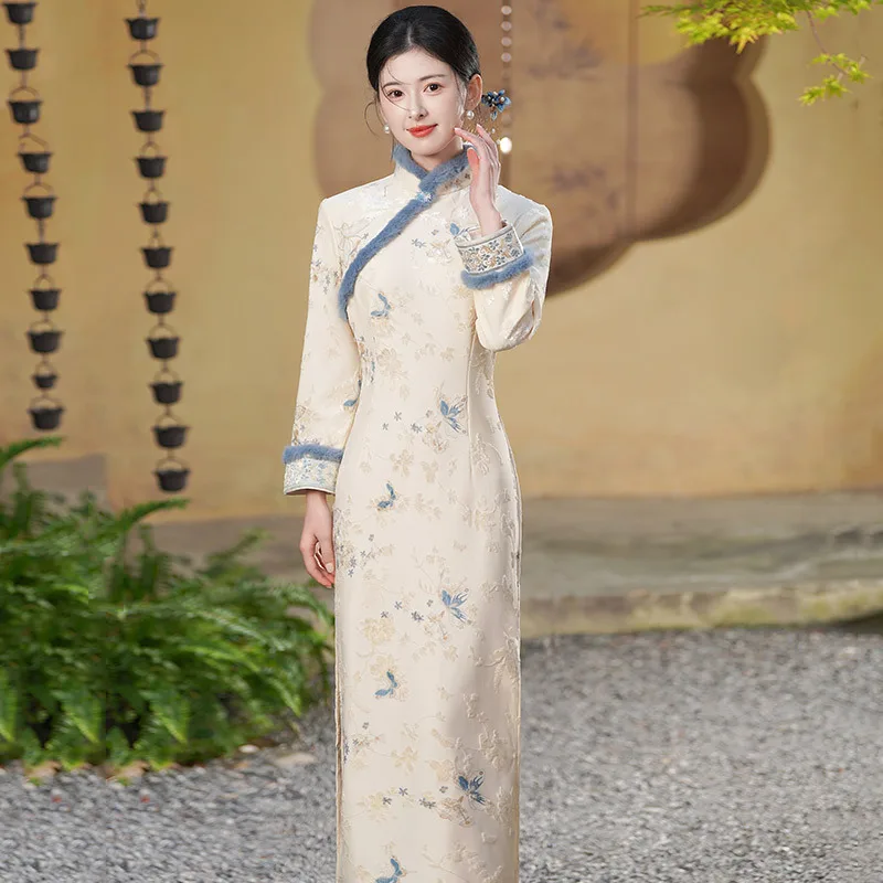 

Высококачественный китайский стиль Сучжоу с длинными рукавами, зимний плотный женский Cheongsam, новый китайский стиль, 2025 год, ретро, осенне-зимнее Ципао