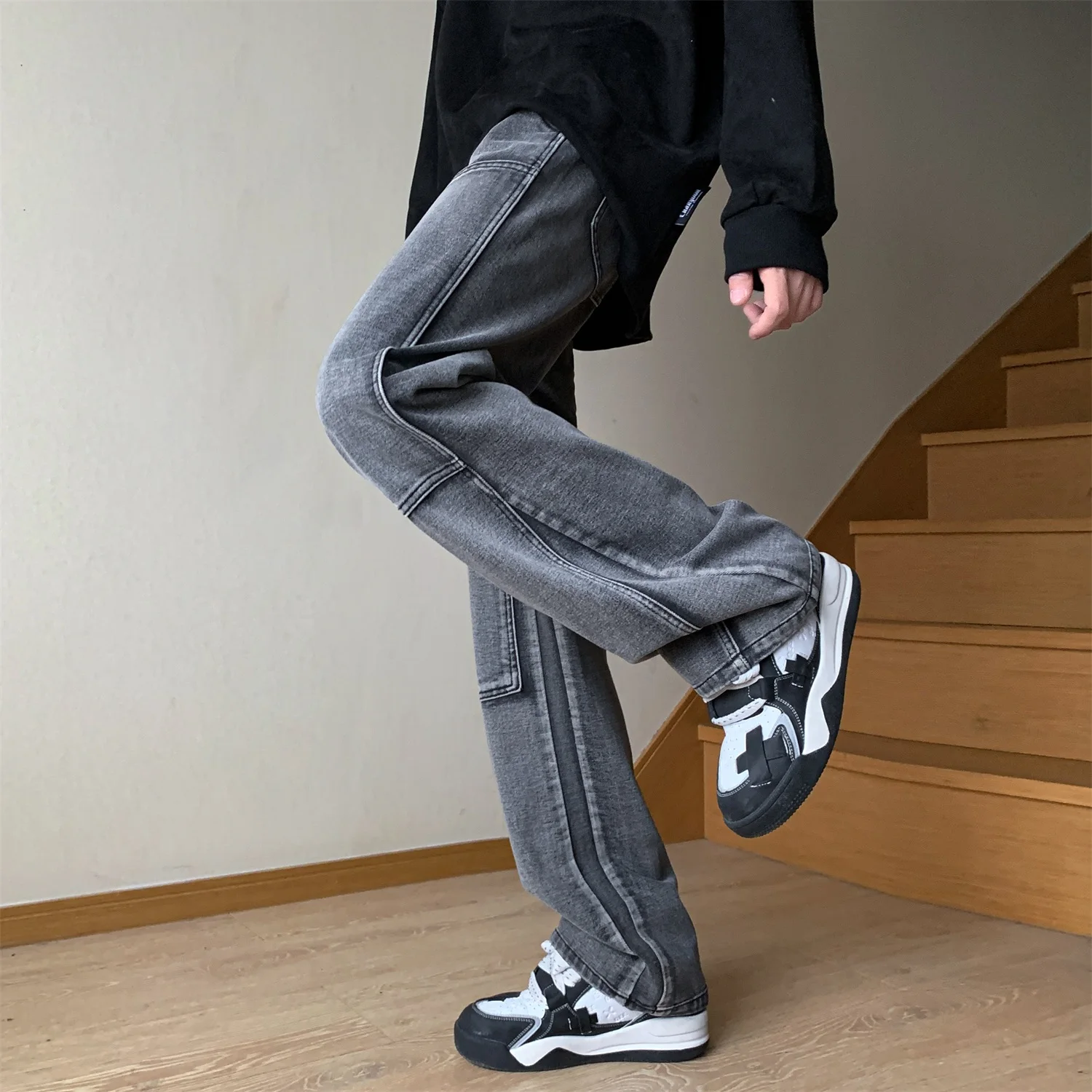 

Мужские джинсы в стиле ретро с эффектом потертости, свободные прямые брюки в уличном стиле, модные американские молодежные джинсы на весну-осень