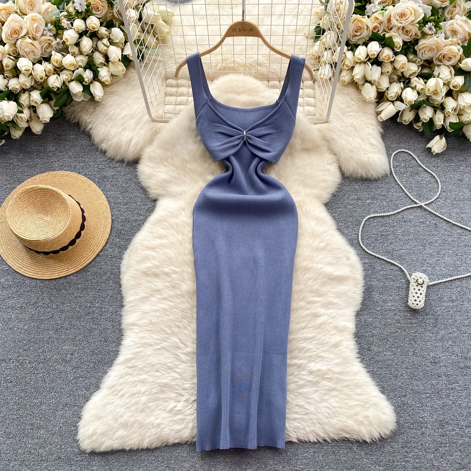 Vestido bodycon plissado de malha feminino, moda chique, quadris sexy, elástico, fino, streetwear longo, roupas de verão, 2024