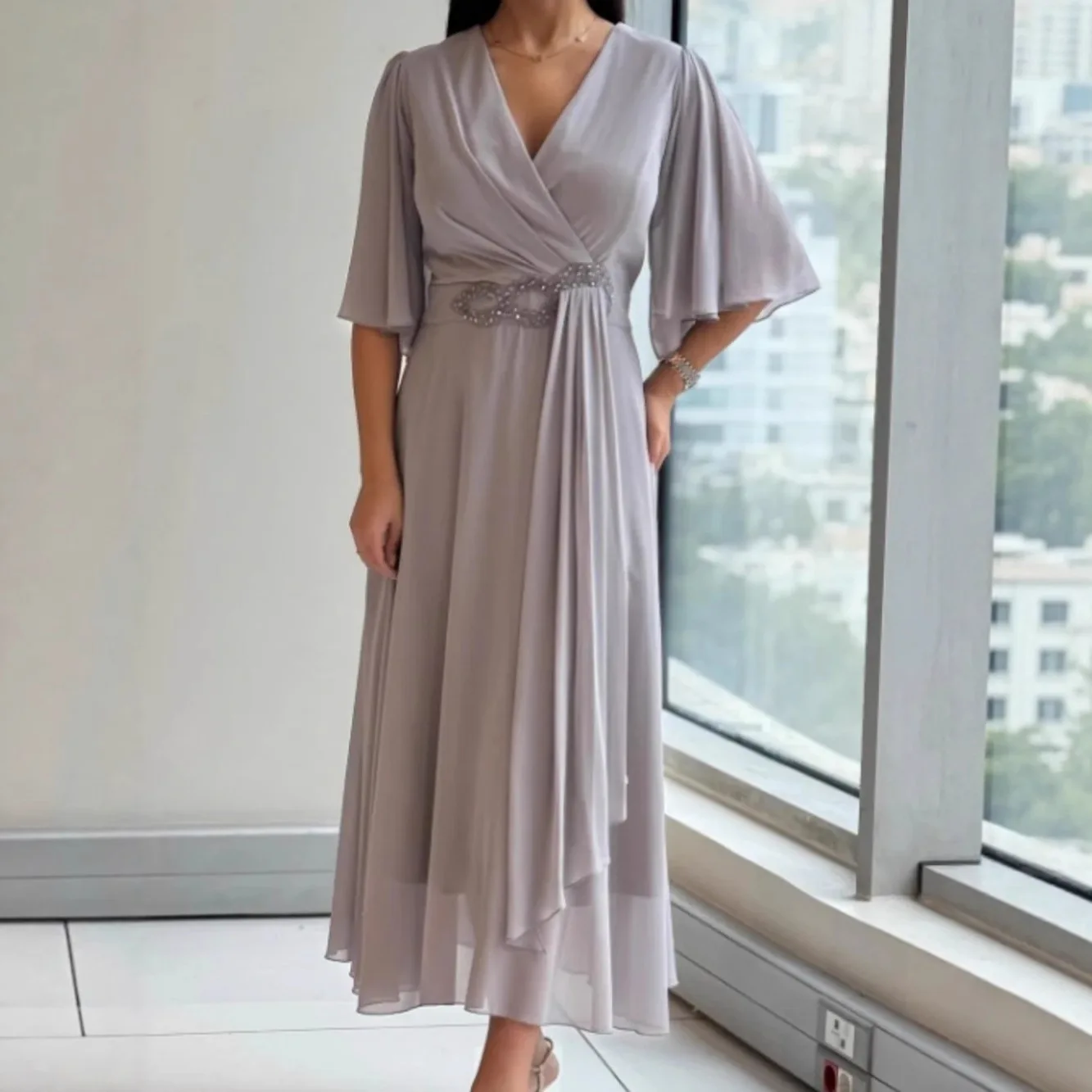 

2025 Women's New V-neck Dress Fashion Solid Color Long Dress