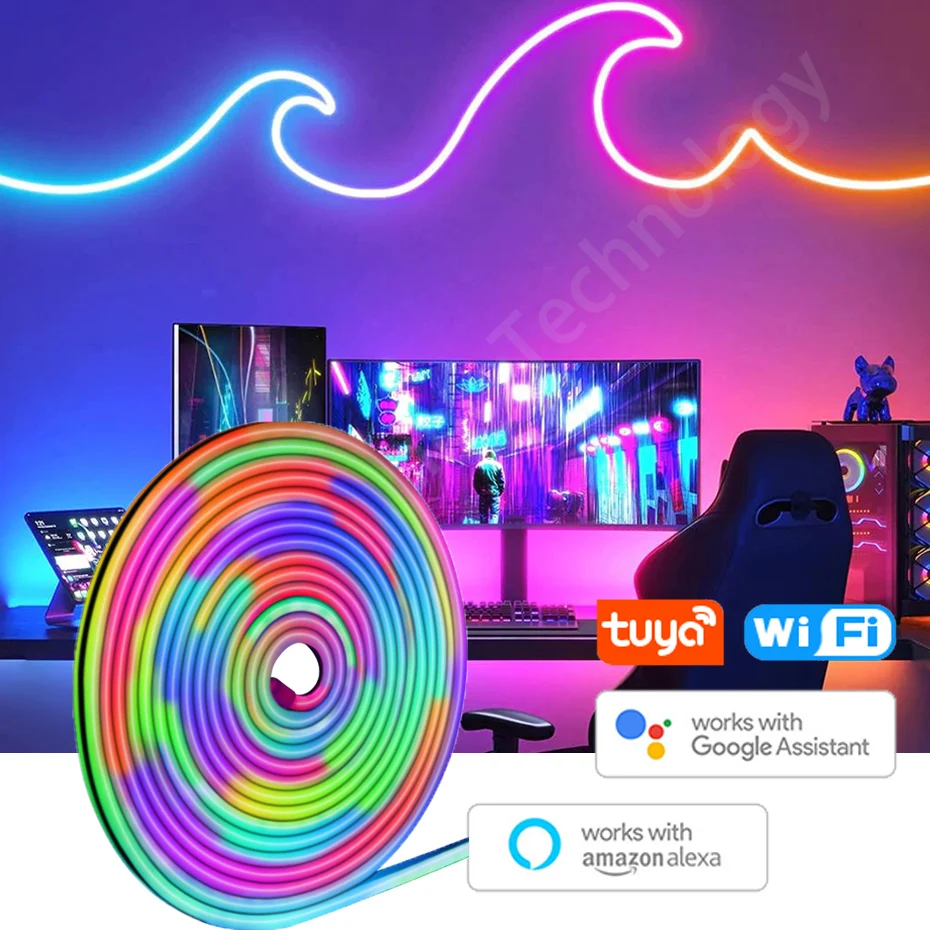 RGBIC LED Neon Flexível Strip DC12V 84LEDs/m IP67 À Prova D 'Água Dreamcolor Chasing Tuya APP/Bluetooth/Remoto para Decoração de Festa em Quarto