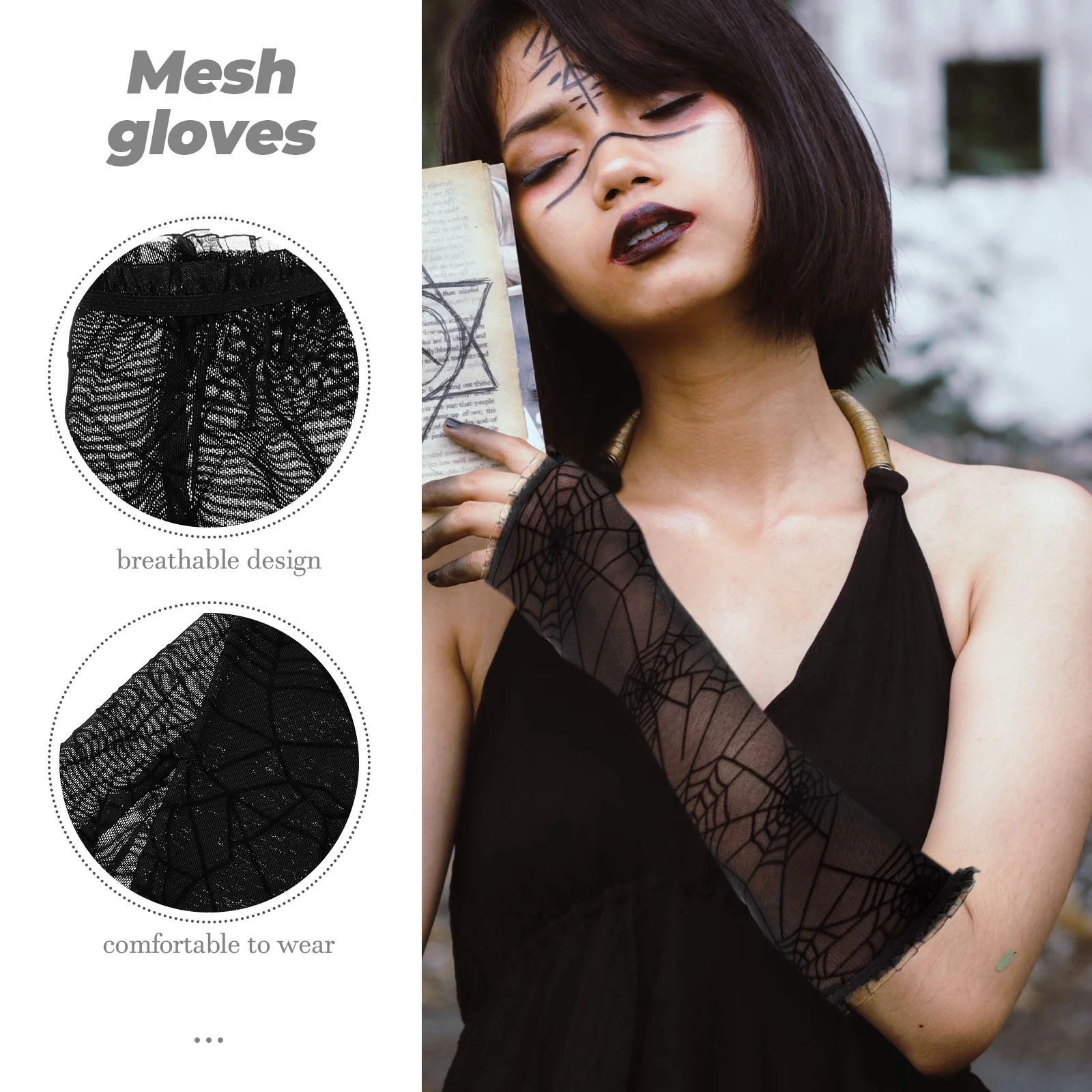 قفازات شبكية طويلة بطول الذراع بدون أصابع أزياء الهالوين ملحقات المسرح قابلة للتنفس ومتينة ومريحة للرماية