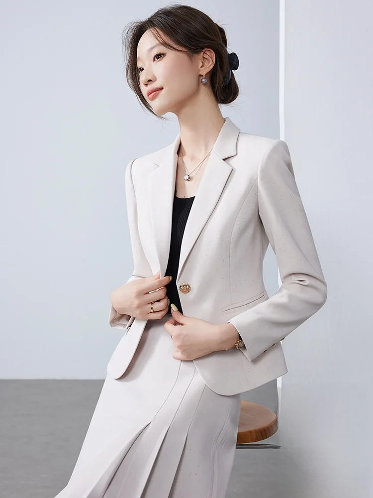 

iny ort Suit Jaet Women's Commute Casual Pleated Skirt Set Spring Autumn New Sle Polyester Fiber Stand Fit