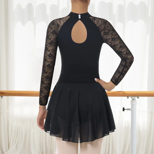 Imagen 2 del producto Leotardos de baile negros para mujer, vestido de Ballet de encaje de manga larga, leotardos de gimnasia en forma de gota de agua en la espalda