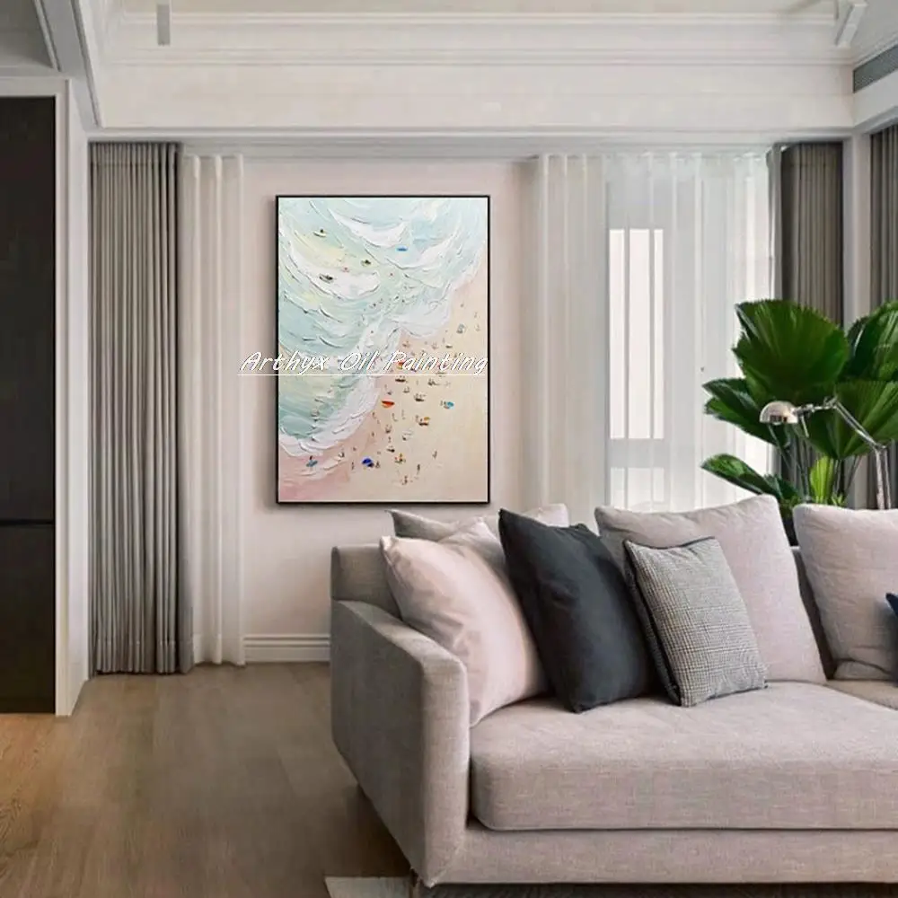 Arthyx Handmade Palette Knife Abstract Seaside Scenery Oil Painting On Canvas,Modern Home Decor Wall Art,Picture For Living Room