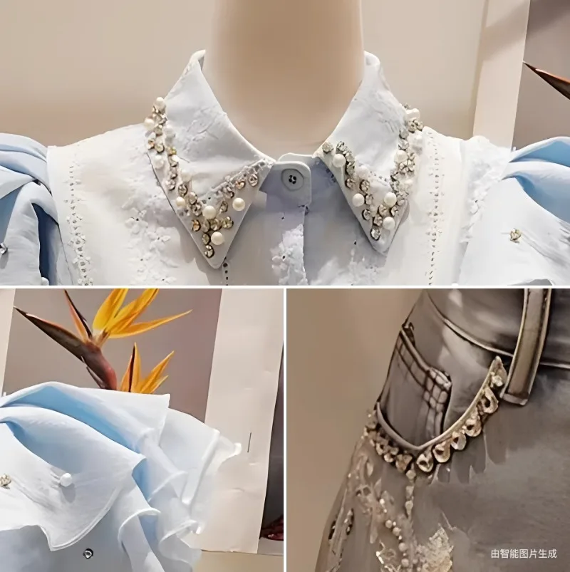 2025 New Irregular Heavy Industry Diamond-encrusted Summer Short Bubble Sleeve Shirt Ruffle Leaf Fashion Top Shirt For Women