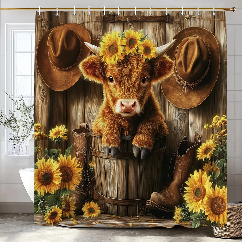 Cow Shower Curtain with Hooks Rustic Country Farmhouse Animal Highland Cow Sunflower Fabric Bathroom Decorative Shower Curtain