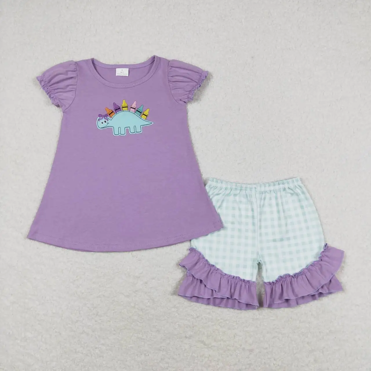 

Toddler girls dinosaur purple Outfits Clothes Baby Short Sleeves back to school Kids Clothing Wholesale boutique summer sets