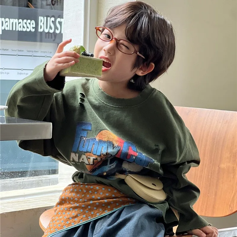 

Boys Shirts 2025 Autumn Heavyweight Childrens Clothes Long-Sleeve Korean Style Distressed Pure Cotton Underlayer Top