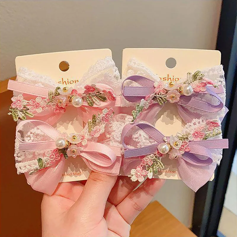 2 Teile/satz Nette Blume Stickerei Bogen Haar Clips für Baby Mädchen Süße Bowknot Ente Zunge Clips Kinder Barrettes Fee Kopfschmuck