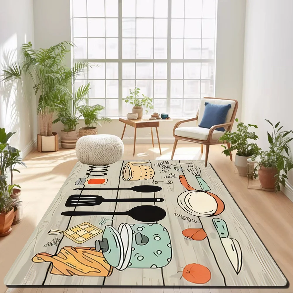 VIKAMA Cartoon Kitchen Utensil Area Rug,Non‑Slip Mat,Cute Cooking Pot Pan Knife Pattern Carpet Kitchen Dining Room Indoor Decor