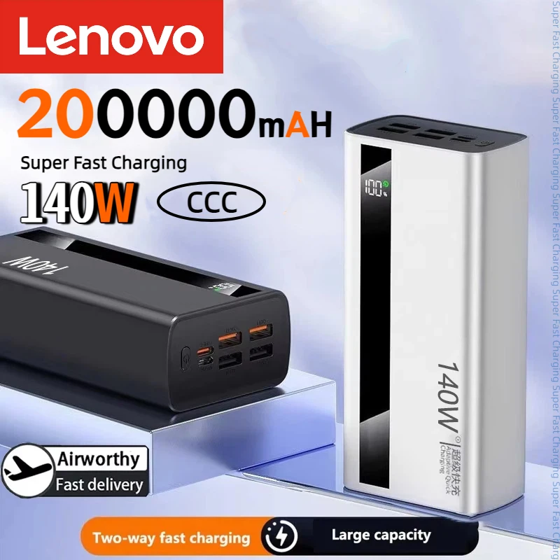 

Внешний аккумулятор Lenovo 140W 500000 мАч большой емкости с быстрой зарядкой и LED-подсветкой для iPhone, Xiaomi, Samsung