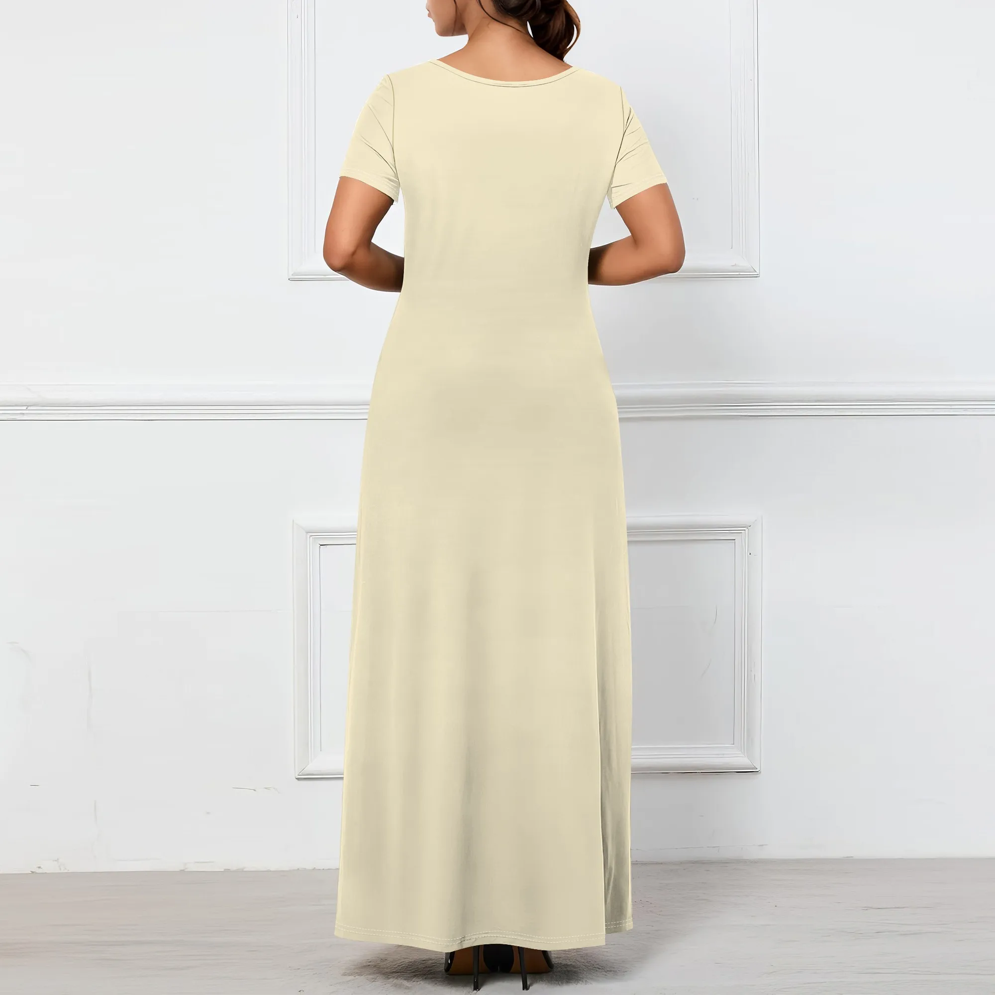 レディースカジュアル半袖セクシーVネック無地Tシャツマキシ丈ワンピース夏ビーチスイングサンドレスポケット付き