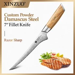 XINZUO Original Design 7 Inch Fillet Knife Custom Powder Damascus Steel Fish Cutting Knife Olive Wood Handle Ultra-sharp Knife