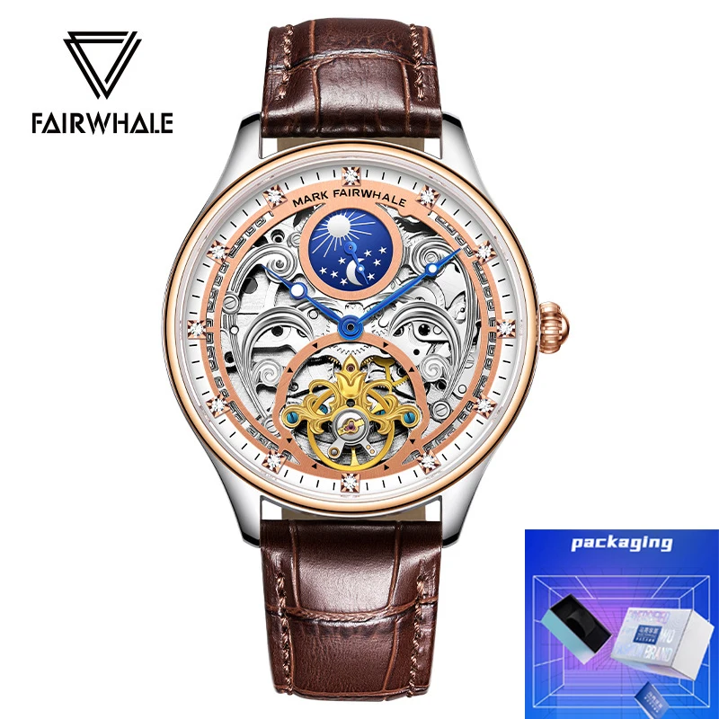 Mark Fairwhale Brand Luxury Tourbillon Mechanical Watch Men Leather Strap Fashion Automatic Moon Phase Skeleton Watches Mens