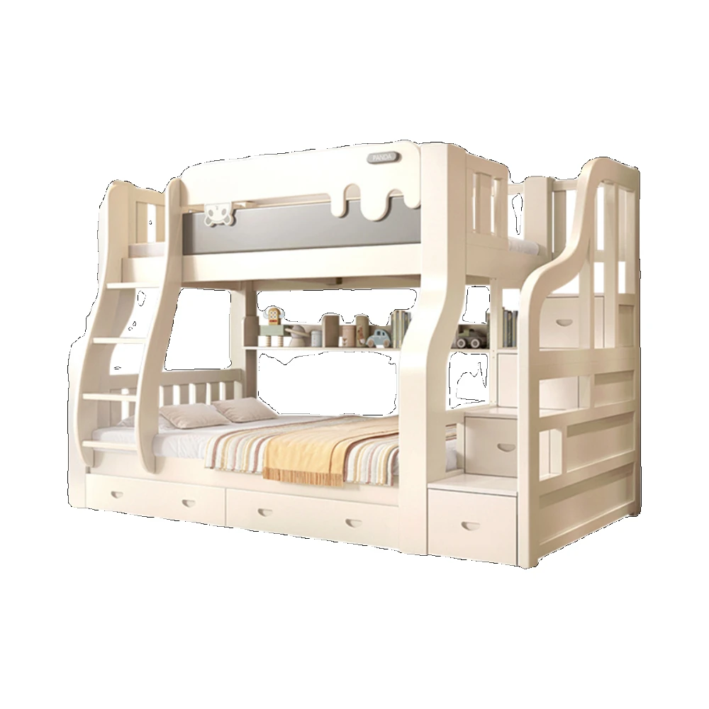 Cream wind bunk  children's bed, small apartment, pine bunk wooden , two-layer high and low