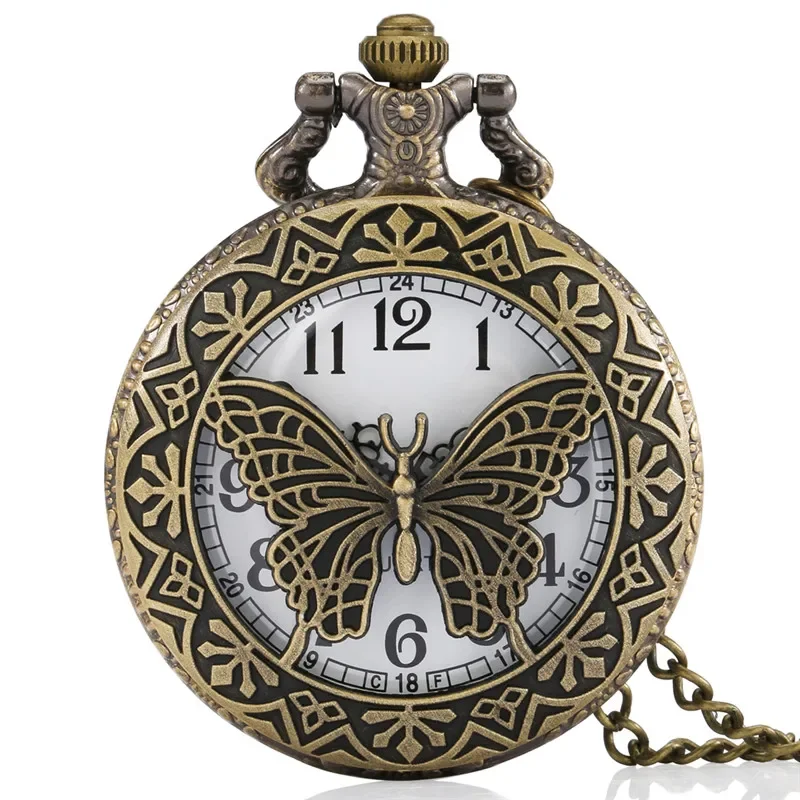 Steampunk Hollow Out Butterfly Pocket Watch Bronze Quartz Analog Watches for Men Women Arabic Number Dial Necklace Chain Reloj