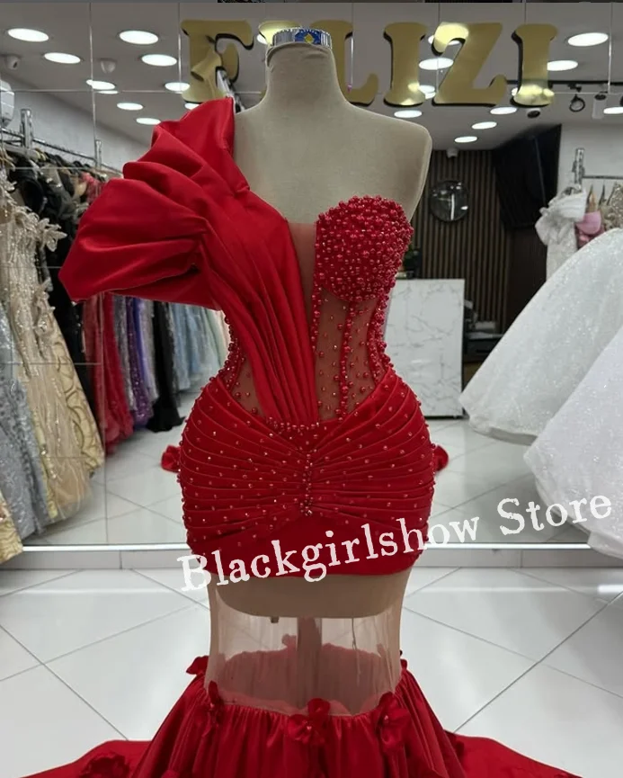 ที่กําหนดเองดูผ่าน Mermaid PROM ชุดสีแดงหนึ่งไหล่ลูกปัด Appliqué ผู้หญิงอย่างเป็นทางการสีแดงพรม Ball Gowns