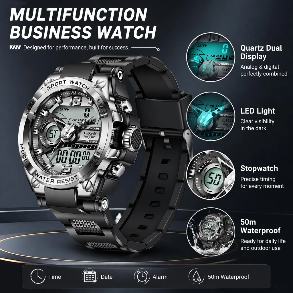 LIGE Digital Men Military Watch 50m Waterproof Wristwatch LED Quartz Clock Sport Watch Male Big Watches Men Relogios Masculino