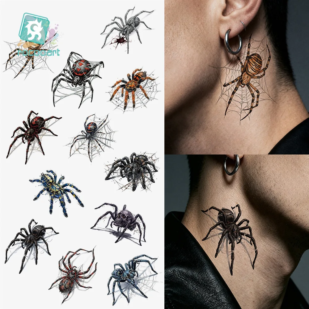 12pcs Matte Halloween Temporary Tattoos, Waterproof & Sweatproof, Spooky Silly 3D Spider Back of Hand Temporary Tattoo Stickers