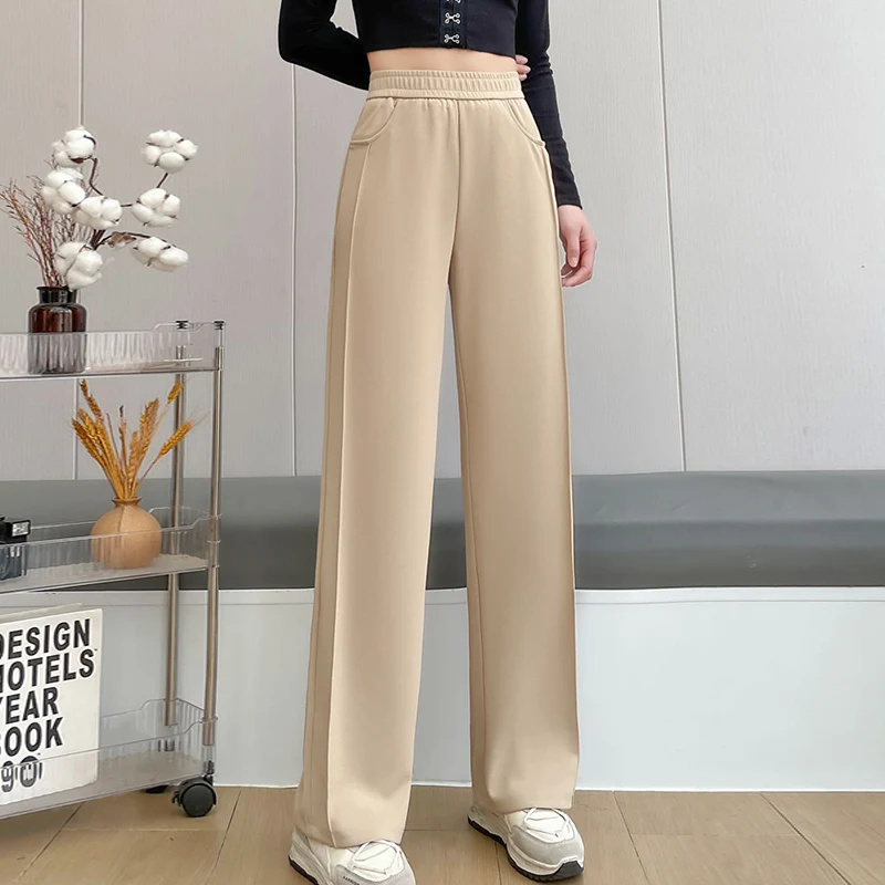 Women's Silk Pants Lady Summer Loose Commuting Straight Leg Pants High Waist Trousers Thin Knitwear Solid Color Bottoming Pant