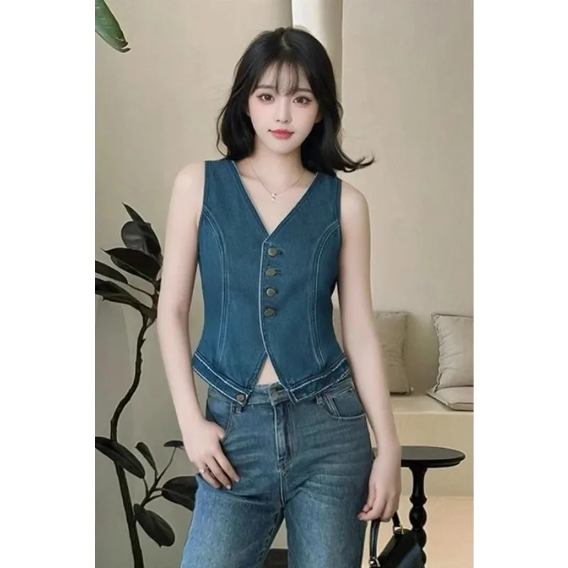 

Women's Retro Denim Vest V Neck Sleeveless Button Slim Fit Cropped Waistcoat