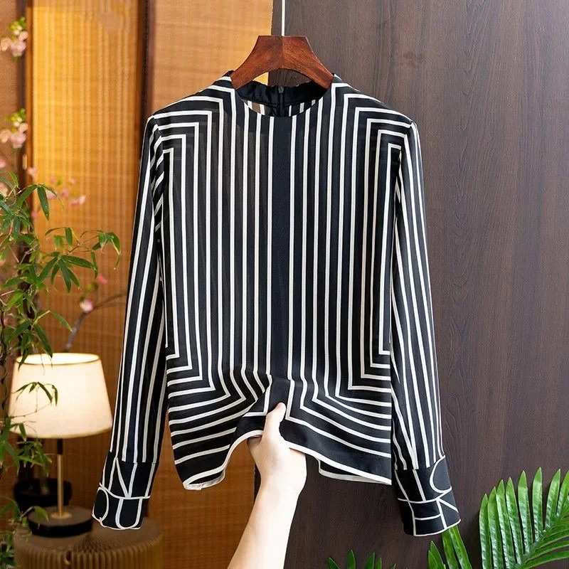 

Autumn French Shirt Striped O-Neck Long Sleeve Fashion Shirt Korean Age-reducing Loose Tops Female New Blusa Elegant 29156