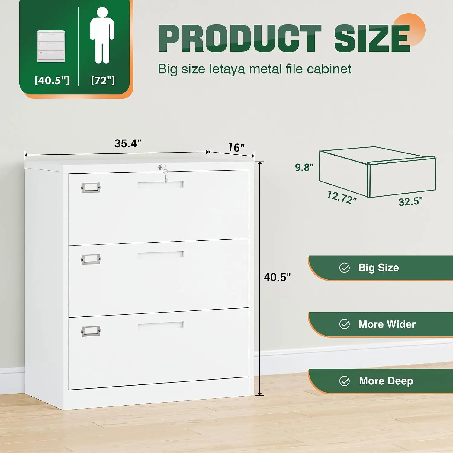 3 Drawer Metal Lateral File Cabinet With Lock, Home Office Hanging Storage For Letter & Legal & A4 Size, Customized