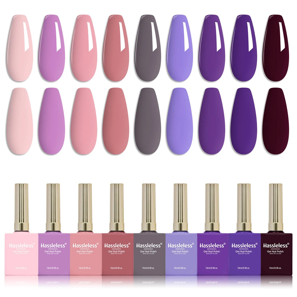 

Hassleless 9-piece Gel Nail Polish Set (15ml each): A must-have gel nail polish for spring and summer. Alcohol-free, ideal for s