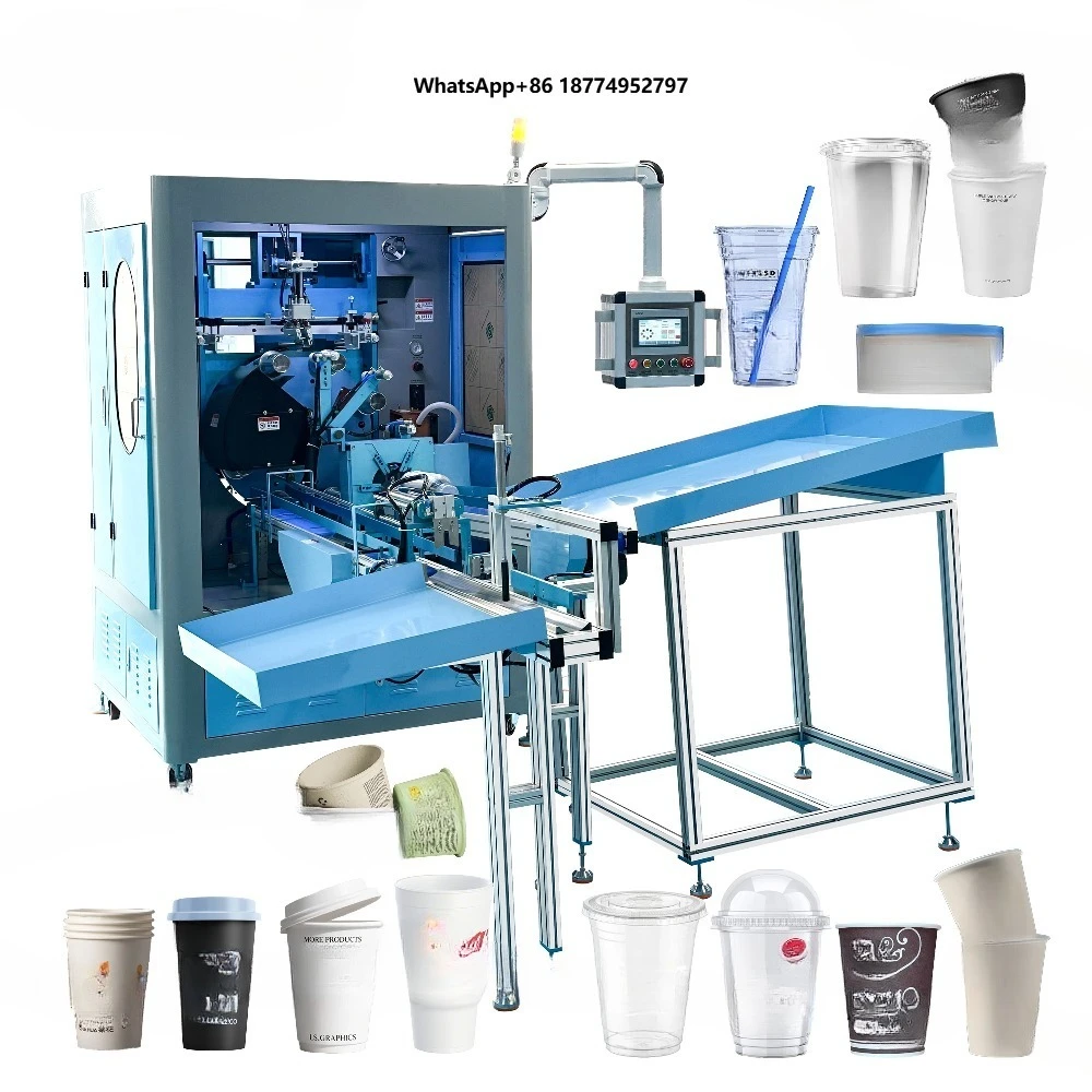 Rotary 8-Station 4 Color Automatic Plastic Milk Tea Cup Silk Screen Printing Machine with a corona Machine and LED Lights