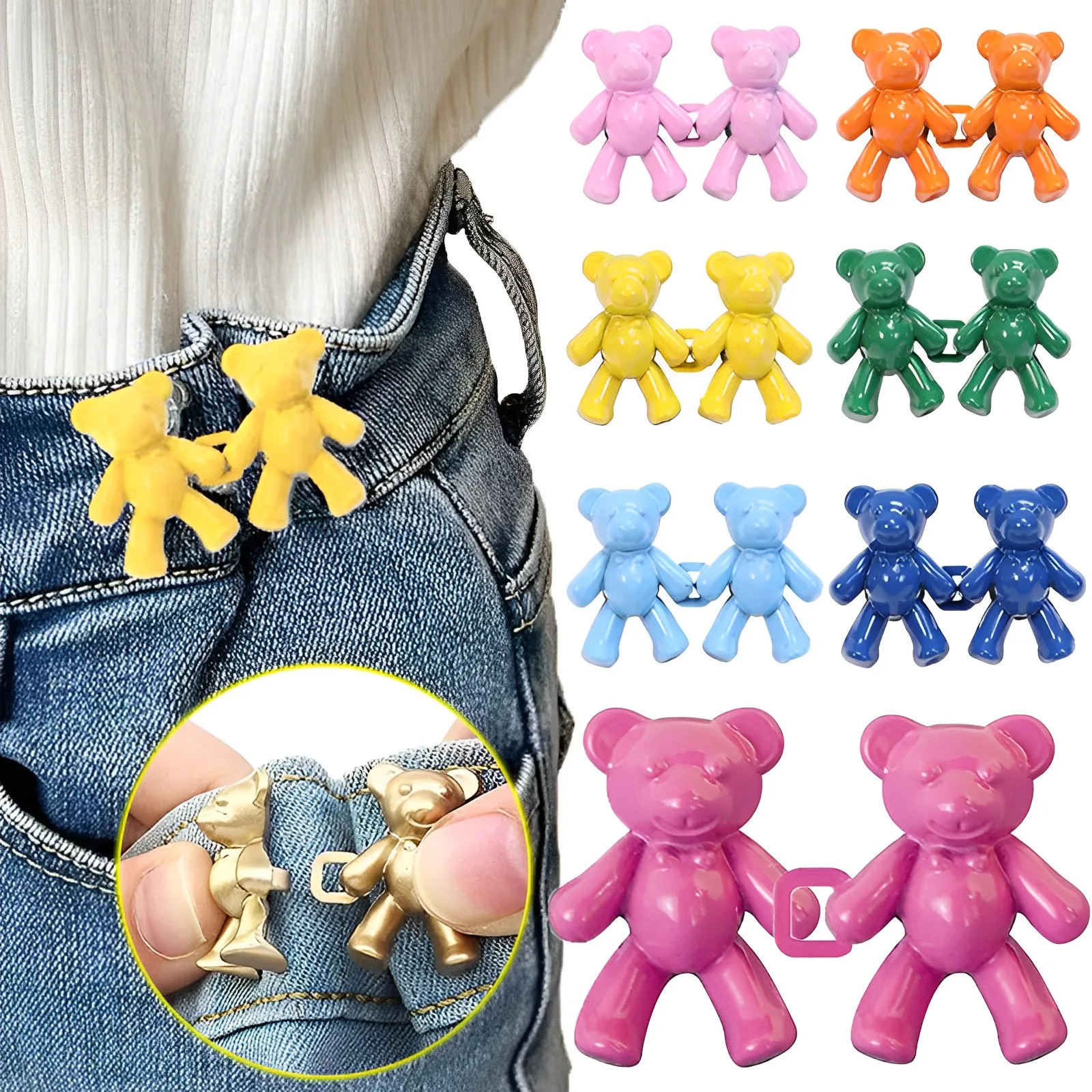 Cute Bear Pin Waist Clip Metal Snap Fastener Pants Pins Detachable Button Sewing-Free Buckle Jeans Reduce Waist Tighten Brooch