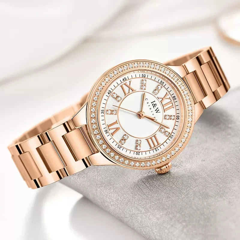 Carnival Luxury Diamond Quartz Watch Women High Quality Rose Gold Stainless Steel Waterproof Fashion Ladies Watch Zegarek Damski