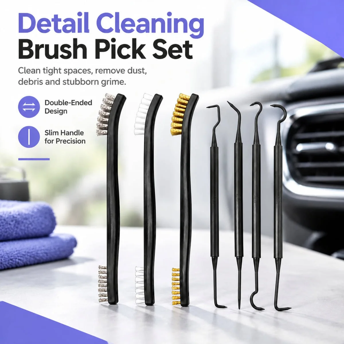 Detail Cleaning Brush Pick Set Double Ended Slim Handle Tools for Dust Debris and Stubborn Dirt in Narrow Crevices