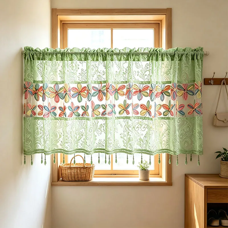 1pc Cottage Light‑Green Fern Lace Spliced Short Curtain, Colorful 3D Fabric Applique Mesh with Sequin & Green Bead Tassel Trim