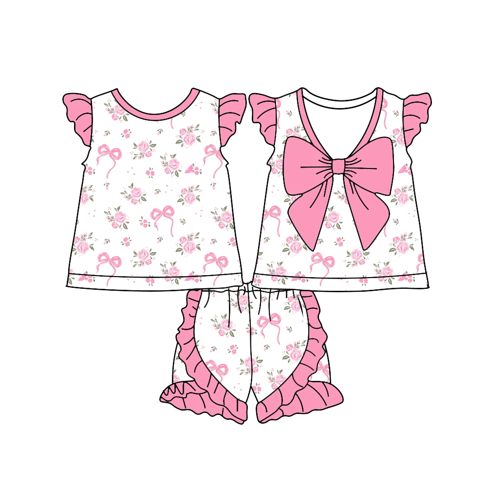 

Boutique girls' set round neck sleeveless ruffled bow decorate top paired with ruffled shorts girls' set flowers bow print