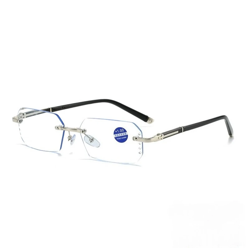 Modische rahmenlose Lesebrille mit Schnittkante, photochrome Anti-Blaulicht-Brille, modische Brille für Herren und Damen – Detail 2