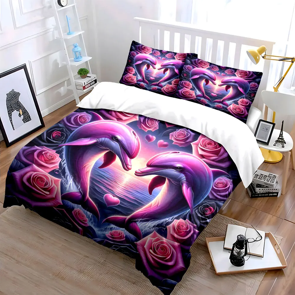 Romantic dolphins with roses Print Bedding Set 1 Duvet Cover 2 Pillowcases for Adult and Children Luxury Gift Full Size