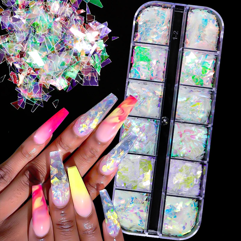 12 Grids Irregular AB Mermaid Nail Sequins Iridescent White Flakes Maple Snow Butterfly Heart Pailliette Glitter For Nails Tools