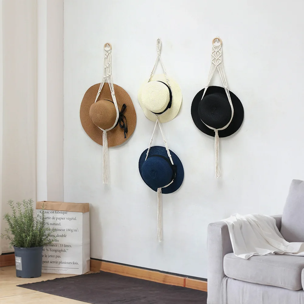 Nordic Style Boho Cotton Hanging Caps Macrame Hat Hangers Hat Organizer Weaving Tapestry Wall Decor for Wide Brim