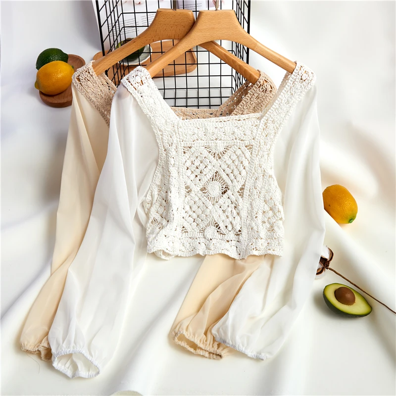 Boho Crochet Knit Blouse with Chiffon Sleeve Square Collar Shirts Sheer Tops Women Spring Summer Vacation Beach Wear