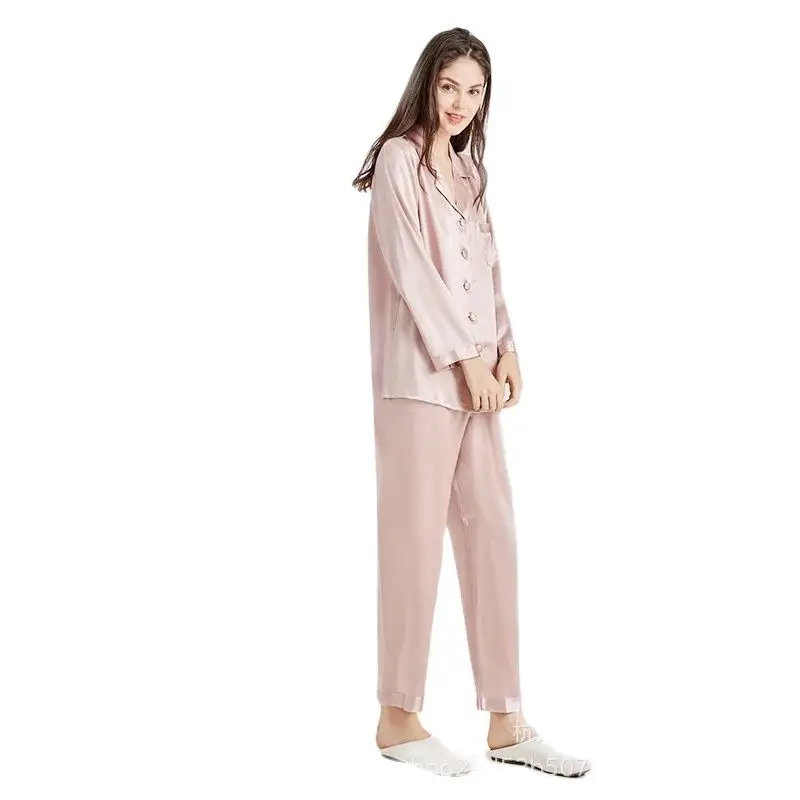 Birdtree 22MM 100%Mulberry Silk Pajama Set Women Solid Long Sleeve Pants Home Clothing Elegant Loungewear 2024 Spring P3D9115QM