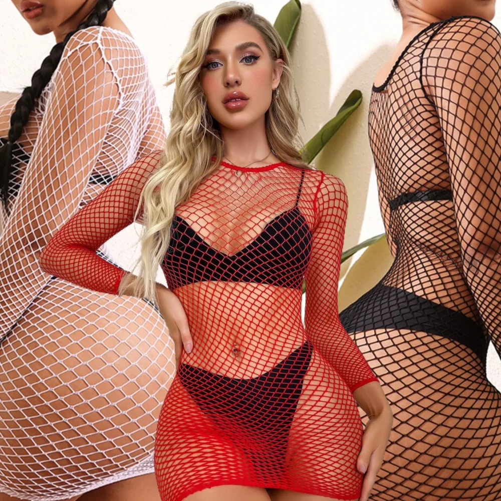 

Hot Sale Girl Fishnet Short Skirt Night Club Wear Sexy Dress Hollow See Through Tight Lingerie Clothes Erotic Mesh Bodycon Dress