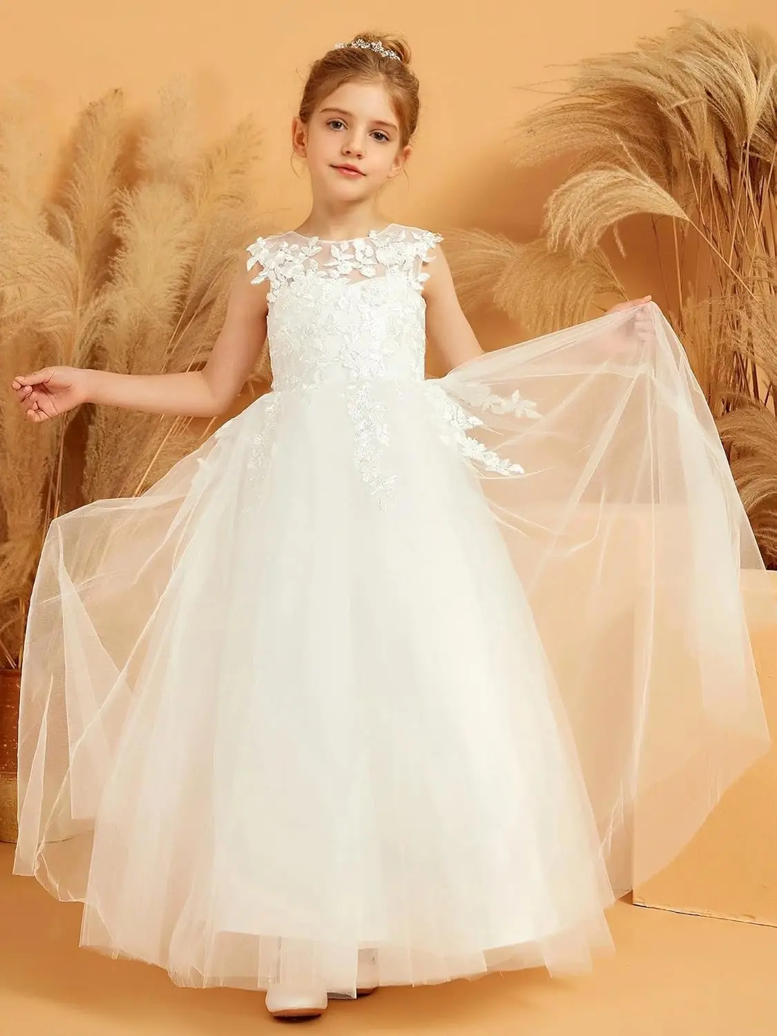 Abiti da ragazza di fiori con applicazioni in pizzo per matrimonio Abito da prima comunione in tulle Abito da ballo senza maniche con abiti da festa con papillon