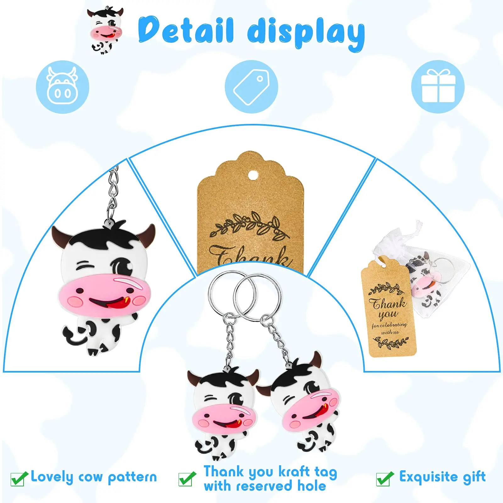 30 Pack Dairy Cow Party Return Favors with 10 Cow Keychain, 10 Thank You Tags and 10 Gift Bags for Cattle Farm Animal Party