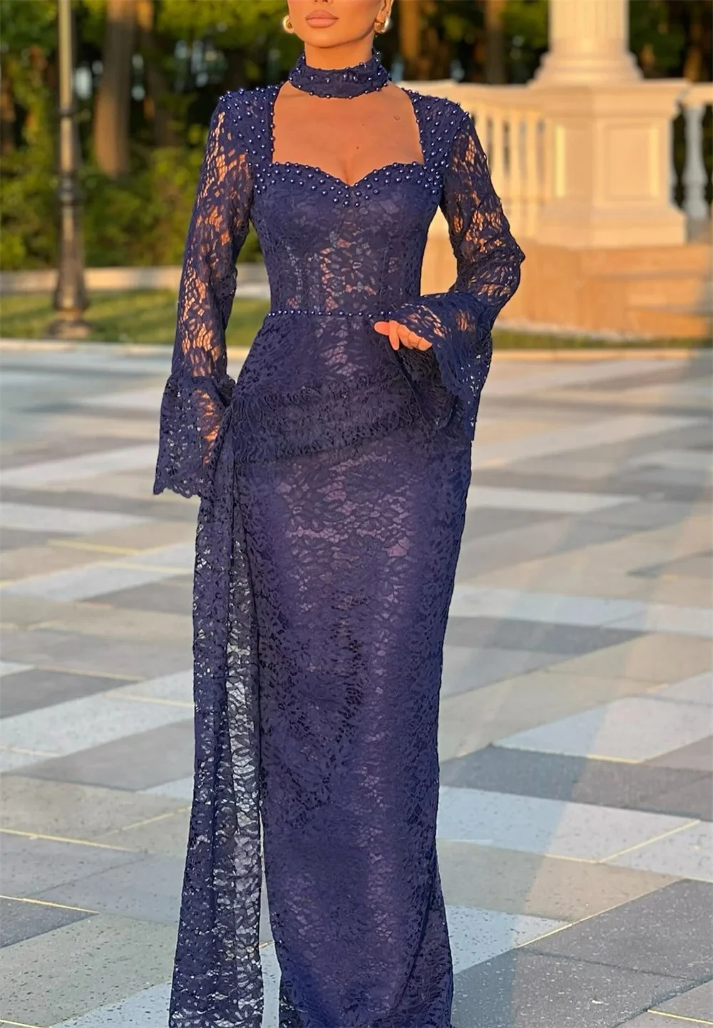 Cathy personalizado perlas encaje sirena mangas acampanadas vestido de graduación escote corazón vestidos de novia hasta el suelo vestidos de noche