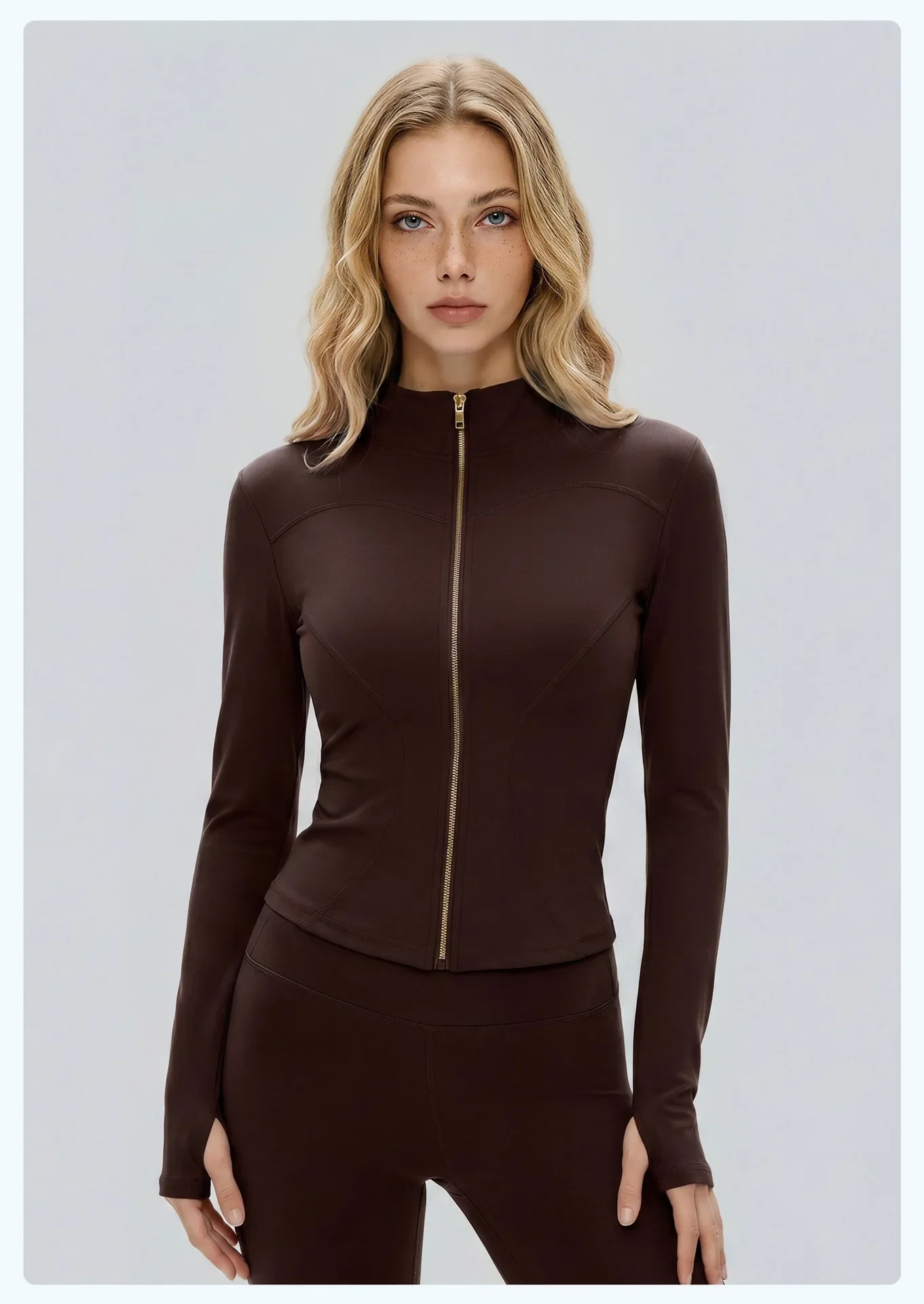 Damen Herbst-Sportjacke mit Stehkragen, Goldreißverschluss, Yoga-Oberteil, Figurbetont, Schlanke Passform, Damenjacke für Radfahren – Detail 15