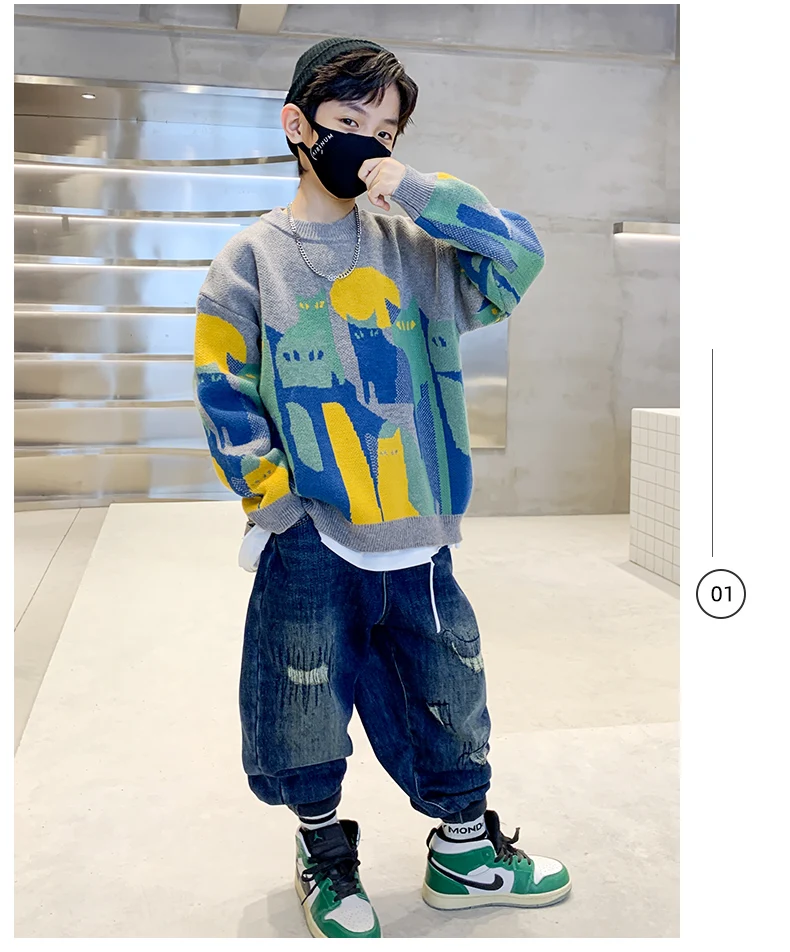 Herbst-Winter Jungen Pullover Sweater für Teenager 5-14 Jahre Cartoon-Katzenmuster Strickwaren Kleidung Kinder Schule Langarm Weicher Pullover – Detail 5
