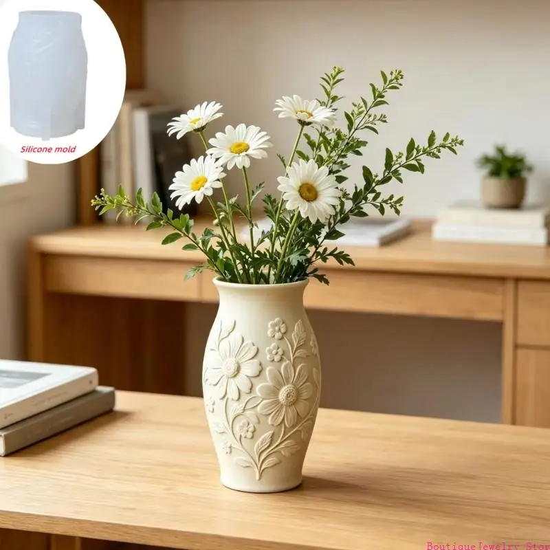 E1PE DIY Floral Vase Mold Silicone Form for Small Relief Vase Projects, Use with Resin Plaster Cement or Concrete for Shelf