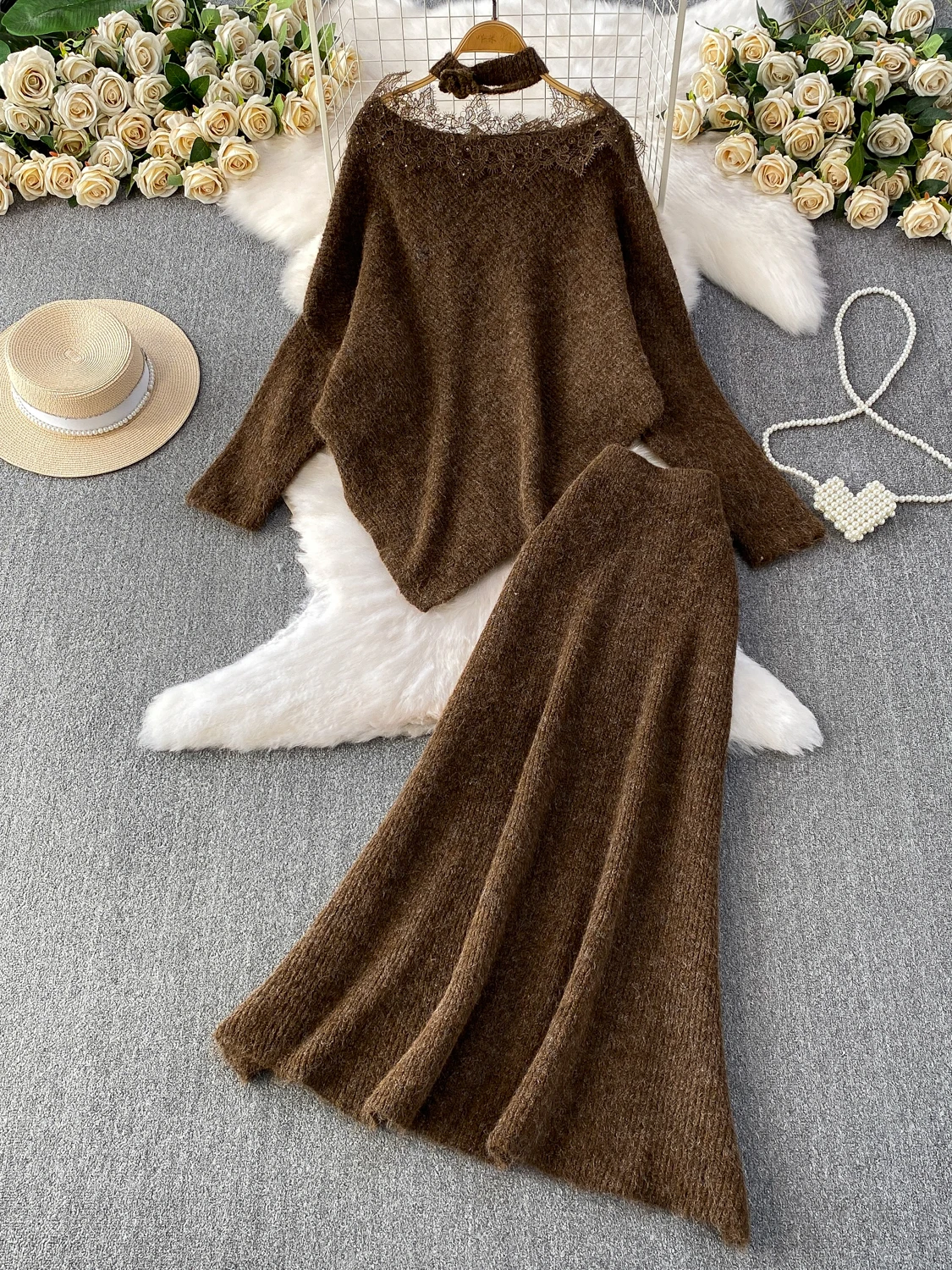 레이스 스플라이싱 헤비 니팅 소프트 플러 원숄더 비대칭 니트 탑과 스커트 세트 따뜻하고 두꺼운 겨울용...